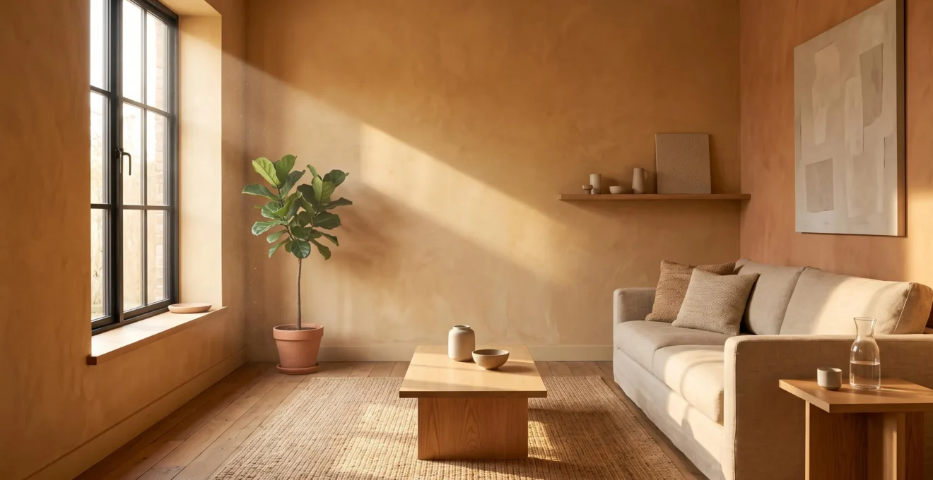 Sala de estar decorada en tonos tierra y ocres bañada por luz natural cálida