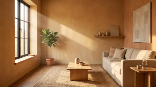 Sala de estar decorada en tonos tierra y ocres bañada por luz natural cálida