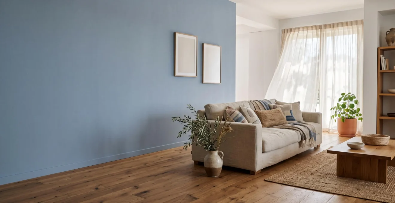 Salón luminoso con una pared en tono azul que transmite una sensación de frescor visual sin cambiar la temperatura real