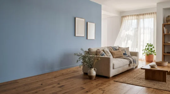 Salón luminoso con una pared en tono azul que transmite una sensación de frescor visual sin cambiar la temperatura real