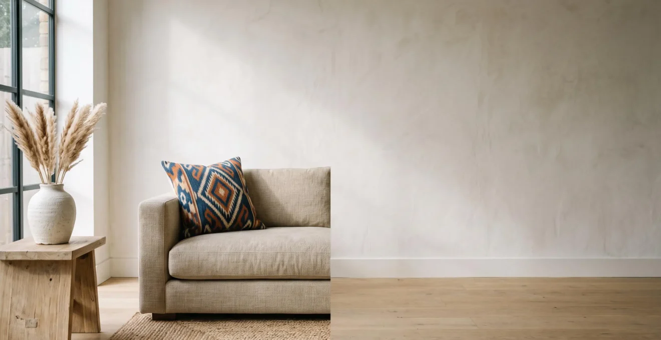 Salón minimalista con un sofá de líneas limpias en tonos neutros y un único cojín de textil ikat como acento de color