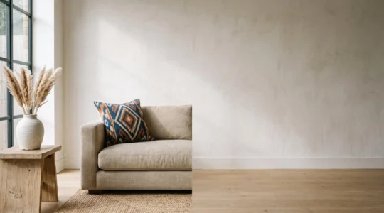 Salón minimalista con un sofá de líneas limpias en tonos neutros y un único cojín de textil ikat como acento de color