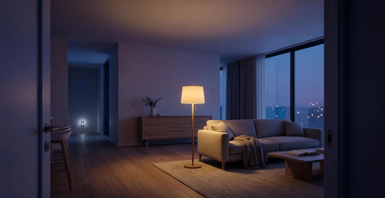 Salon moderno al atardecer con una lampara encendida automaticamente mientras el resto de la vivienda permanece a oscuras, simbolizando el ahorro energetico inteligente