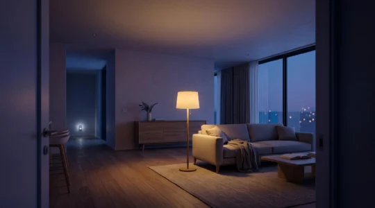 Salon moderno al atardecer con una lampara encendida automaticamente mientras el resto de la vivienda permanece a oscuras, simbolizando el ahorro energetico inteligente