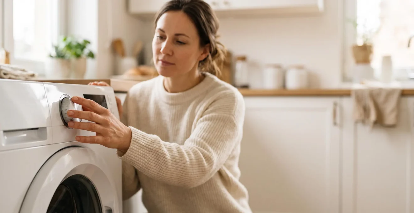 Persona tocando el panel de control de una lavadora moderna en una cocina luminosa, simbolizando la anticipación de una avería