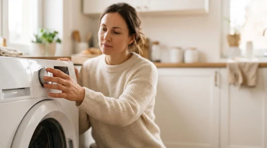 Persona tocando el panel de control de una lavadora moderna en una cocina luminosa, simbolizando la anticipación de una avería