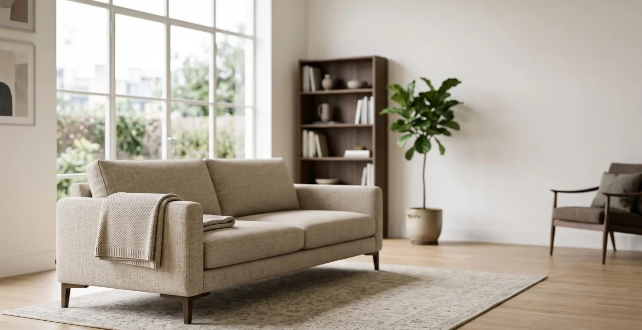 Sofá cama de diseño moderno en un salón luminoso, mostrando su elegancia como mueble de día
