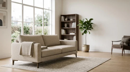 Sofá cama de diseño moderno en un salón luminoso, mostrando su elegancia como mueble de día