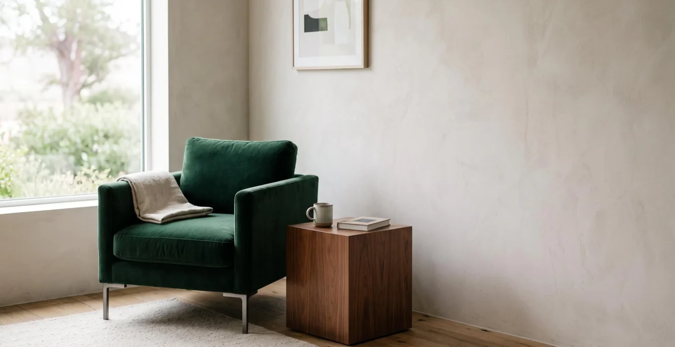 Salon contemporaneo con un sillon de terciopelo verde profundo integrado con madera de nogal y lineas minimalistas