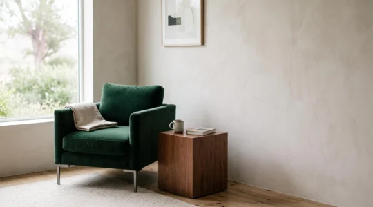 Salon contemporaneo con un sillon de terciopelo verde profundo integrado con madera de nogal y lineas minimalistas