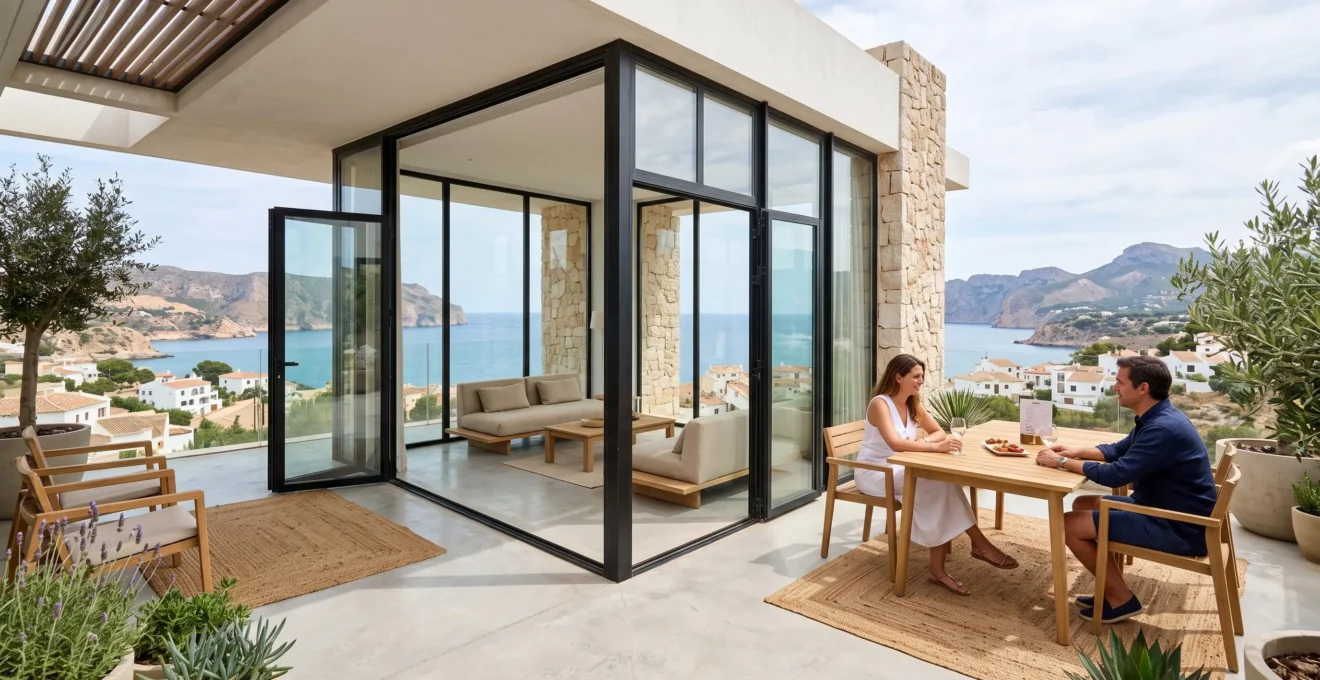 Vista amplia de una terraza contemporánea española con logia acristalada, mobiliario minimalista y abundante luz natural