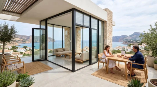 Vista amplia de una terraza contemporánea española con logia acristalada, mobiliario minimalista y abundante luz natural