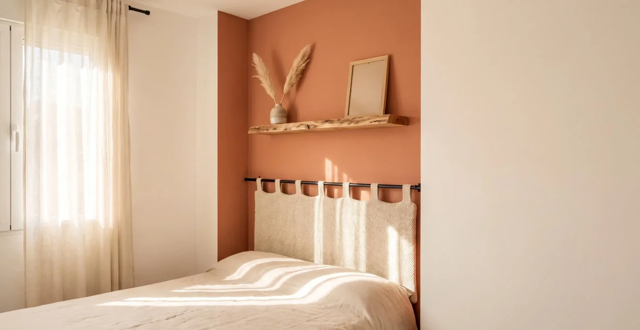 Rincón de dormitorio renovado con estantería flotante de madera clara, cabecero textil y luz natural cálida, transformado con un presupuesto reducido.